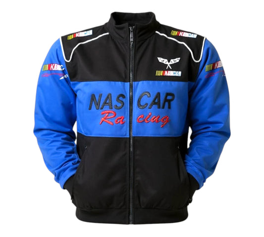 Blue and black jacket with 'NASCAR Racing' text on a white background