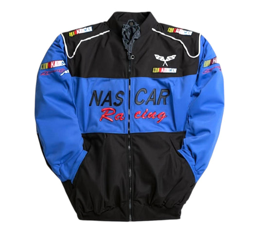Black and blue racing jacket with 'NASCAR Racing' text on a white background