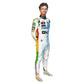 Person wearing a colorful racing suit with various sponsor logos on a white background