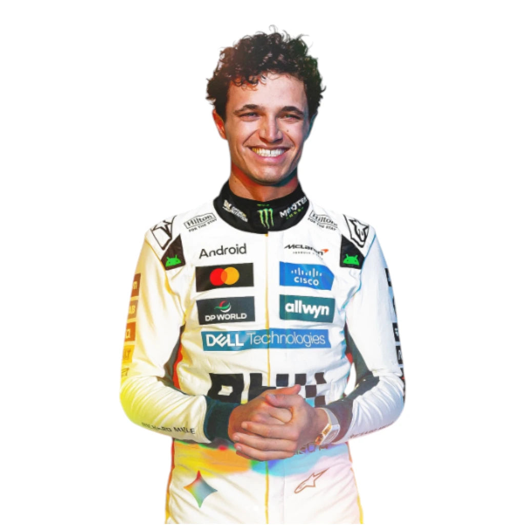 Person wearing a racing suit with various sponsor logos on a white background