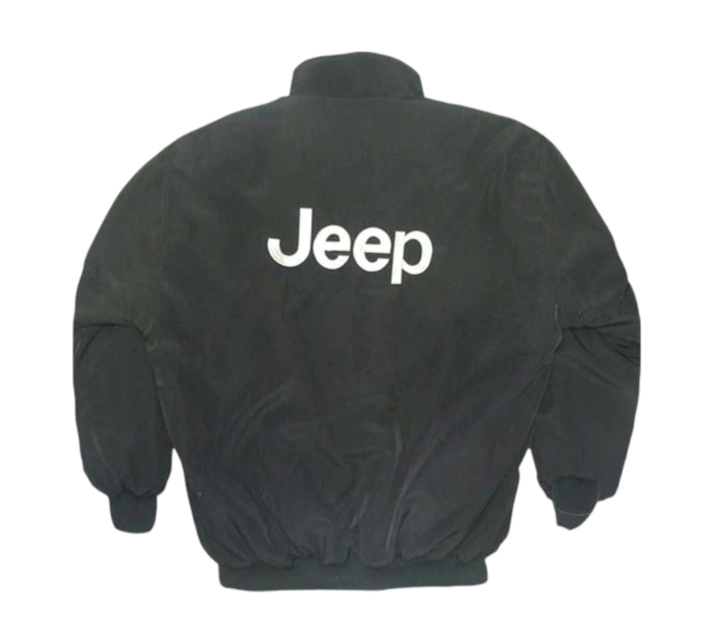 Black jacket with 'Jeep' logo on the back against a white background