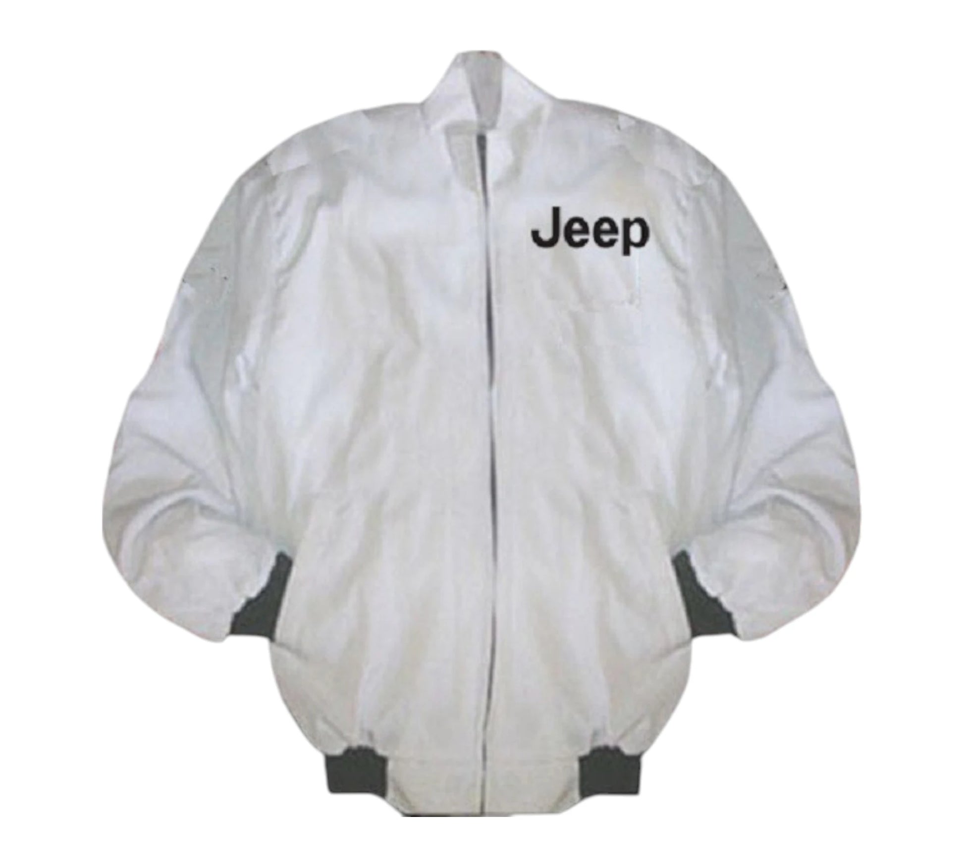 White jacket with 'Jeep' logo on a white background