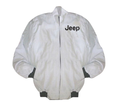 White jacket with 'Jeep' logo on a white background