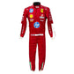 Red racing suit with various sponsor logos on a white background