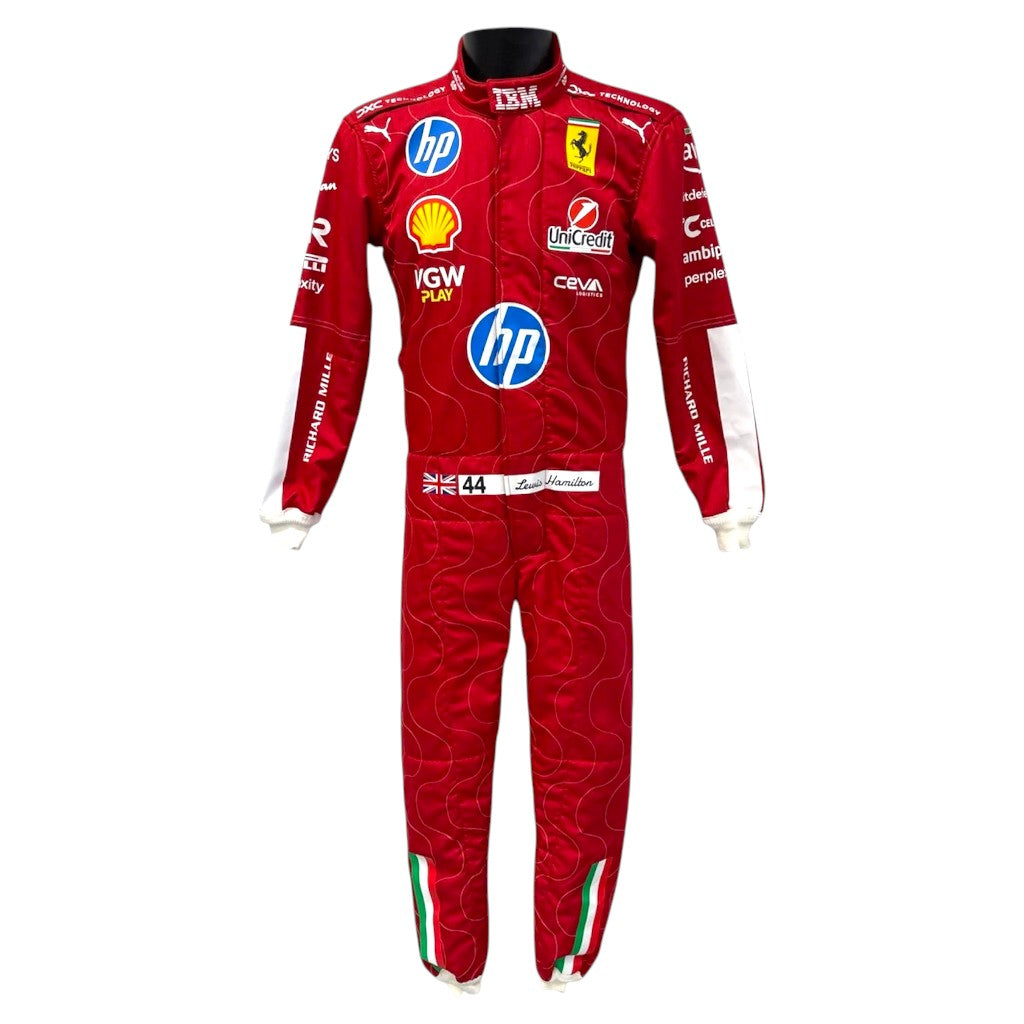 Red racing suit with various sponsor logos on a white background