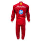 Red racing suit with branding on a white background