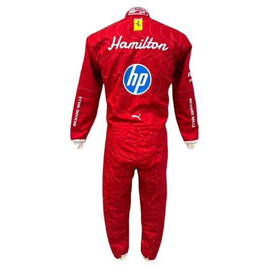 Red racing suit with branding on a white background