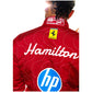 Red racing suit with 'Hamilton' and 'hp' logos on a white background