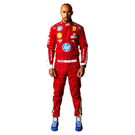 Person wearing a red racing suit with various sponsor logos on a white background