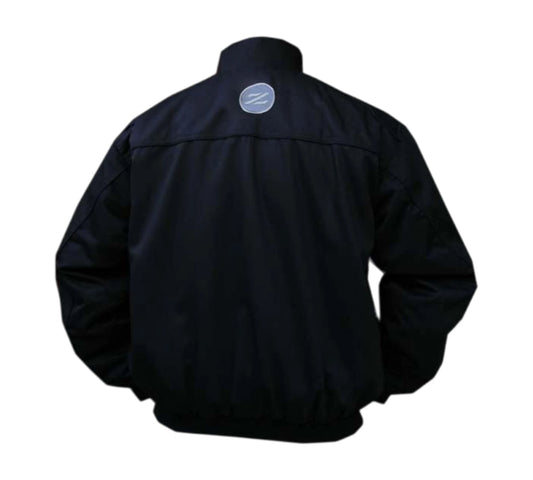 Black jacket with a logo on the back against a white background