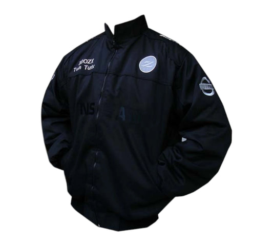 Black jacket with logos on a white background