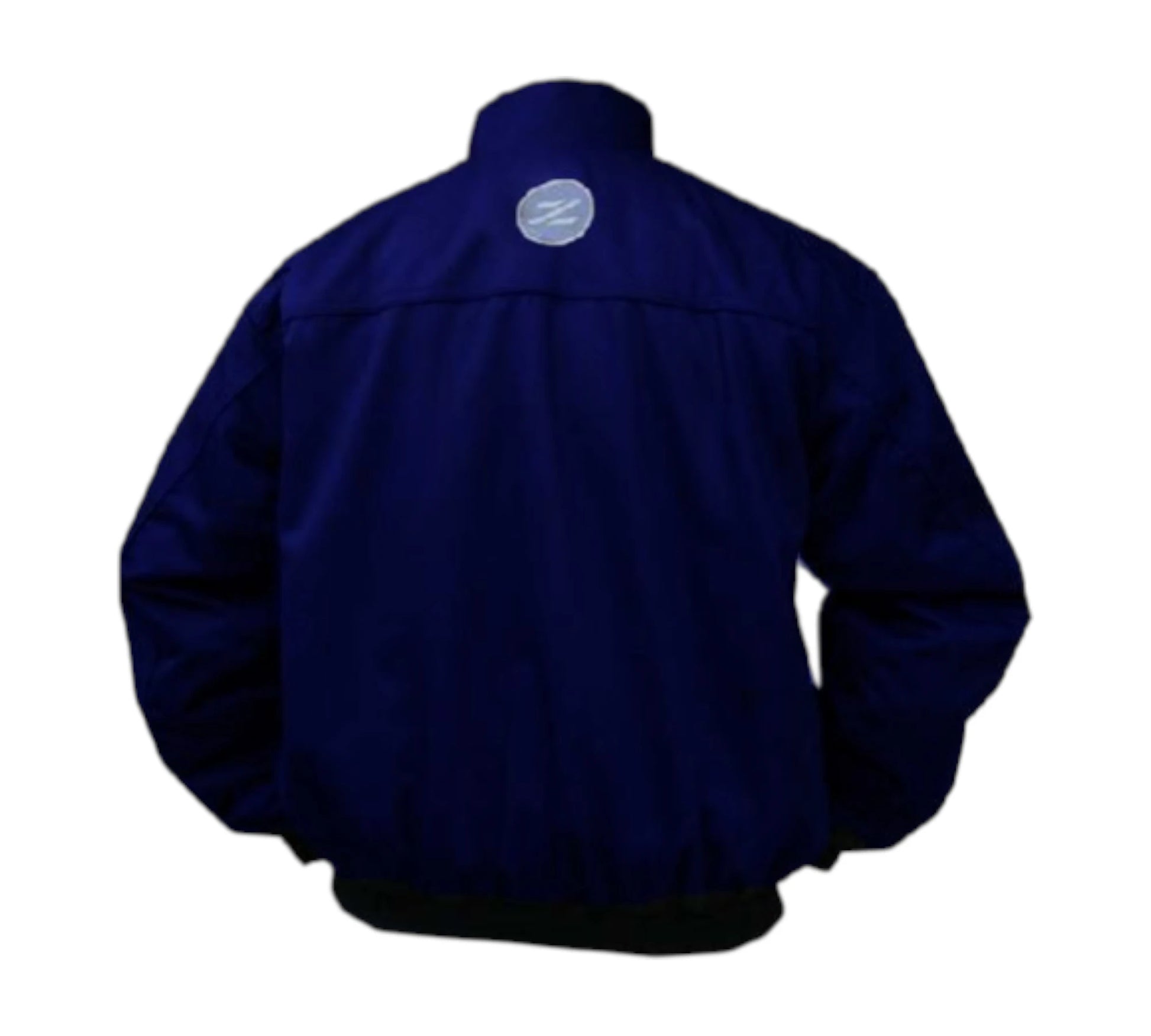 Navy blue jacket with a logo on the chest against a white background