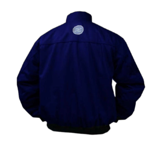 Navy blue jacket with a logo on the chest against a white background