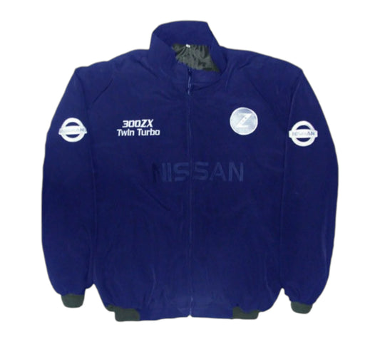 Blue jacket with Nissan logos on a white background