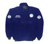 Blue jacket with Nissan logos on a white background