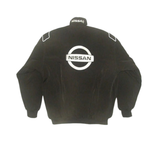 Black jacket with Nissan logo on the back against a white background