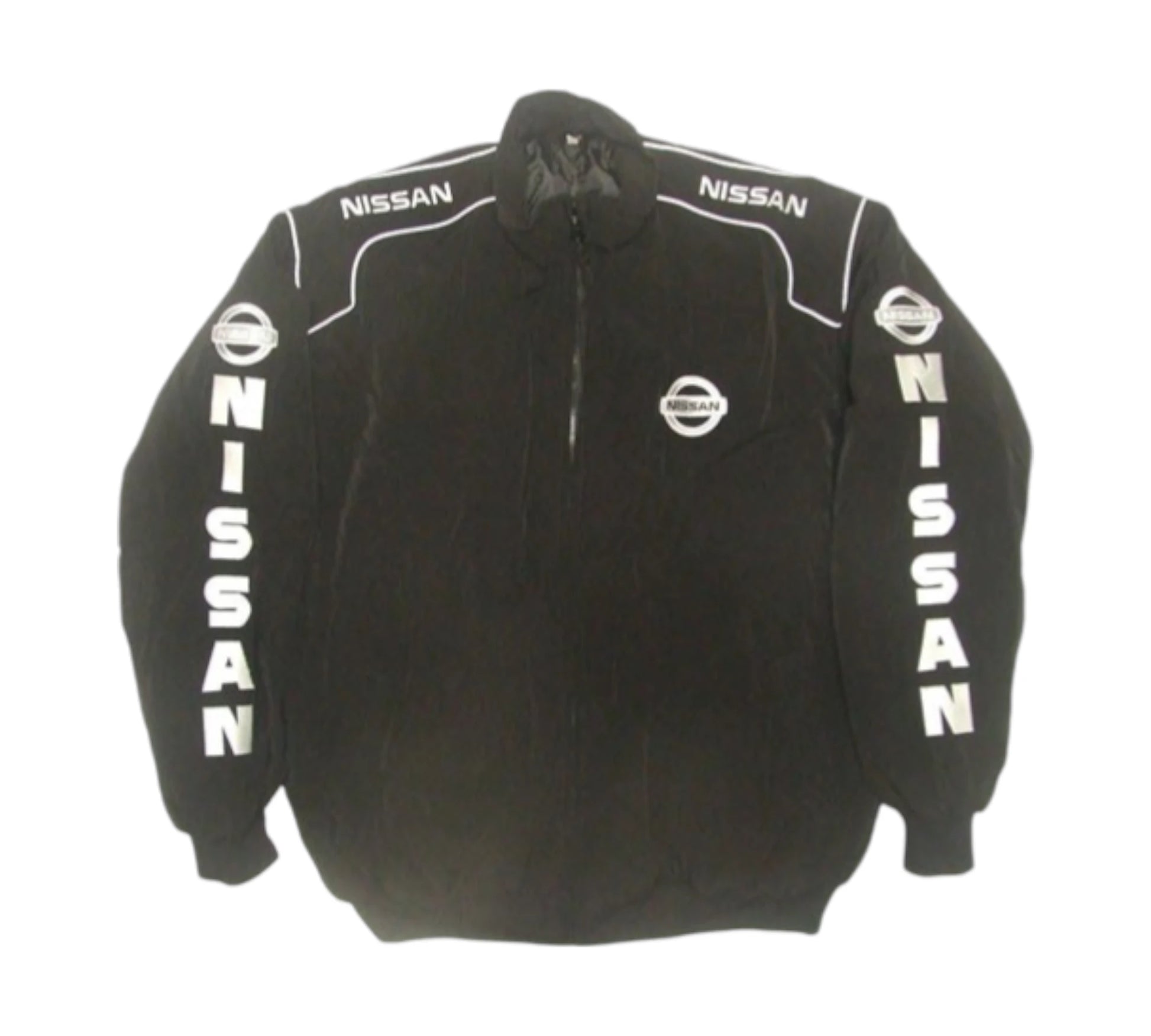 Black jacket with Nissan logos on a white background