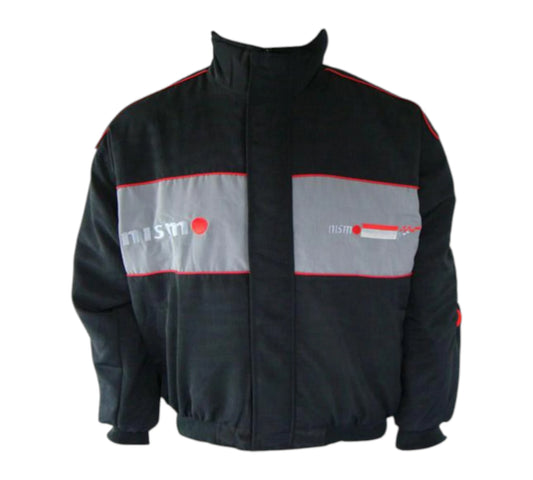 Black jacket with gray and red accents on a white background