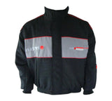 Black jacket with gray and red accents on a white background