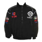Black jacket with multiple brand logos on a white background