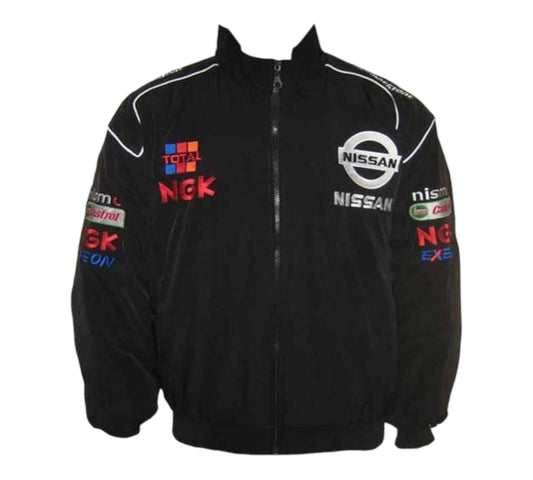 Black jacket with multiple brand logos on a white background