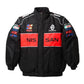 Black jacket with red and white logos on a white background