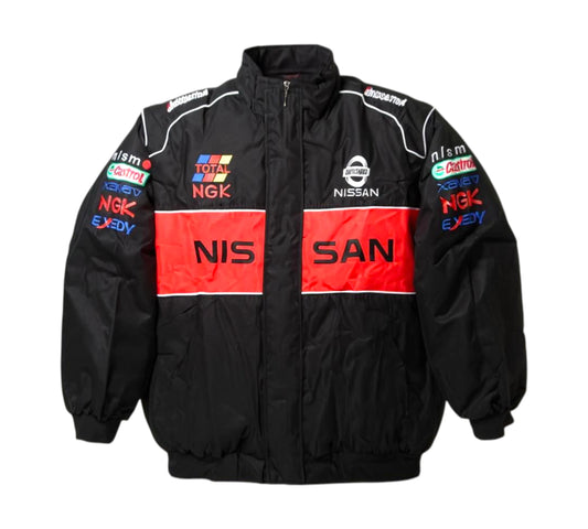 Black jacket with red and white logos on a white background