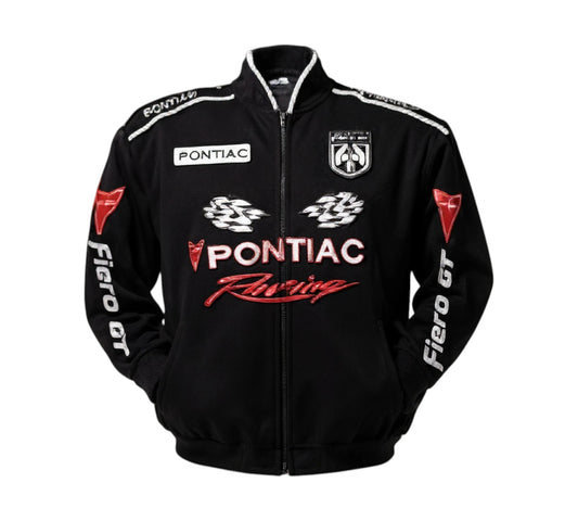 Black jacket with Pontiac Fiero branding on a white background