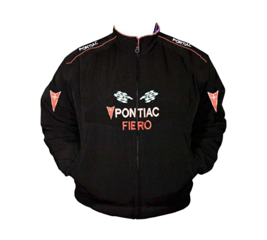 Black jacket with Pontiac Fiero branding on a white background
