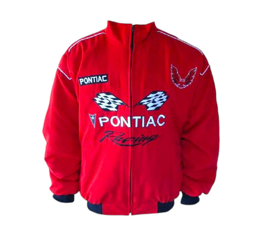 Black Pontiac Racing jacket with logos on a white background