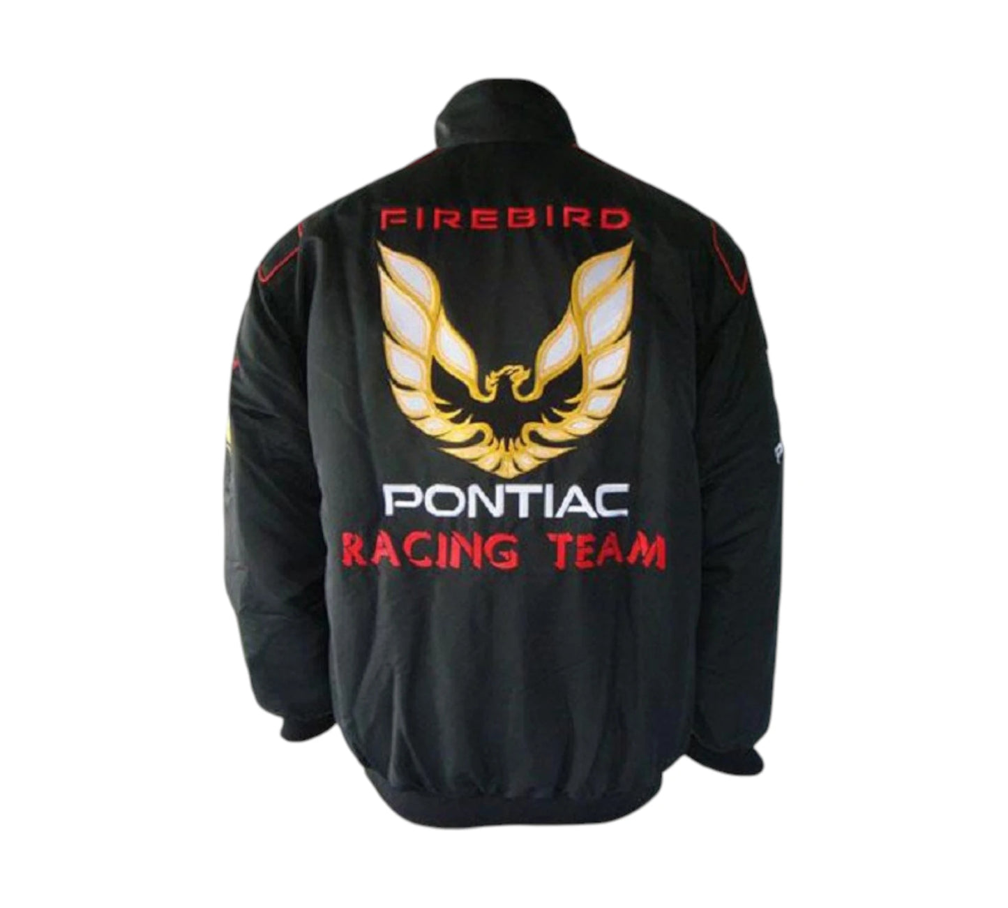 Black jacket with Pontiac Racing Team logo on the back