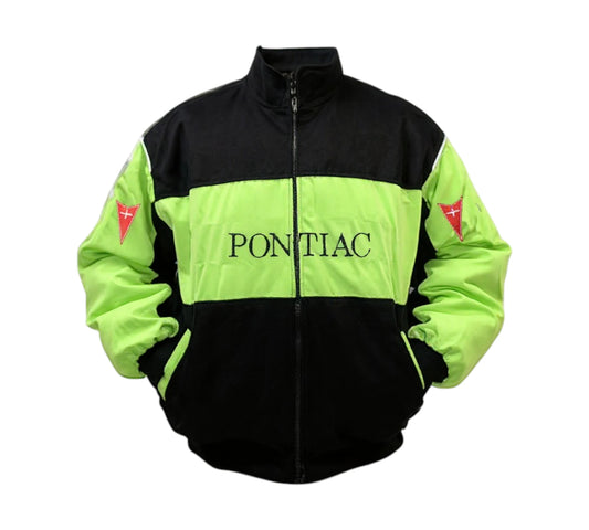 Black and green jacket with 'Pontiac' branding on a white background