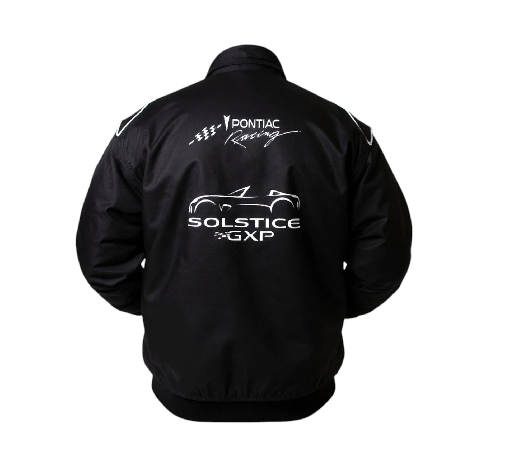 Black jacket with Pontiac Solstice GXP branding on a white background