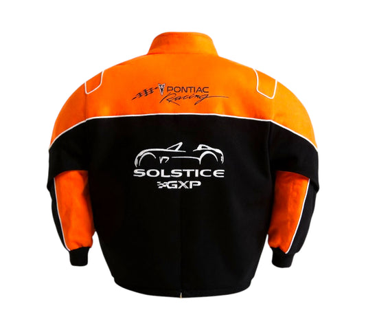 Black and gray jacket with 'Solstice GXP' logo on the back against a white background