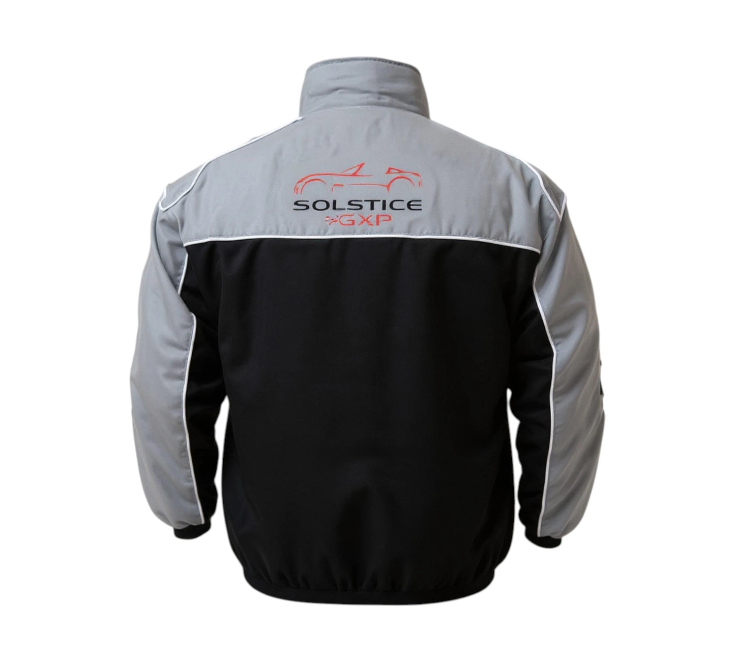 Red and black jacket with 'Solstice' branding on a white background