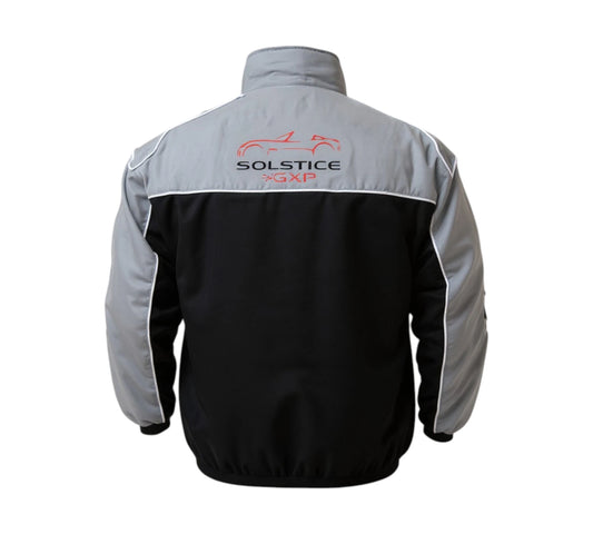 Red and black jacket with 'Solstice' branding on a white background