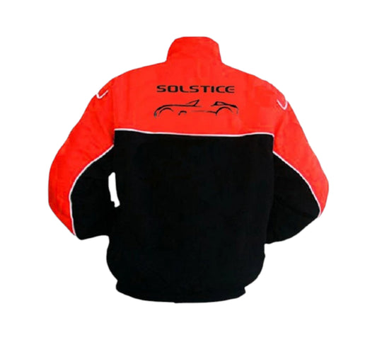 Red and black jacket with 'Pontiac' and 'Solstice' branding on a white background