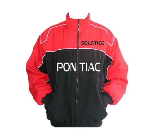Red and black jacket with 'SOLSTICE' branding on a white background