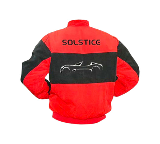 Red and black jacket with 'SOLSTICE' branding on a white background