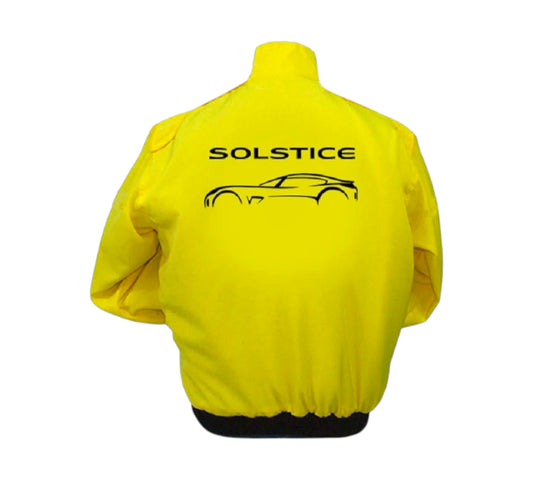Yellow jacket with 'SOLSTICE' and car silhouette on a white background