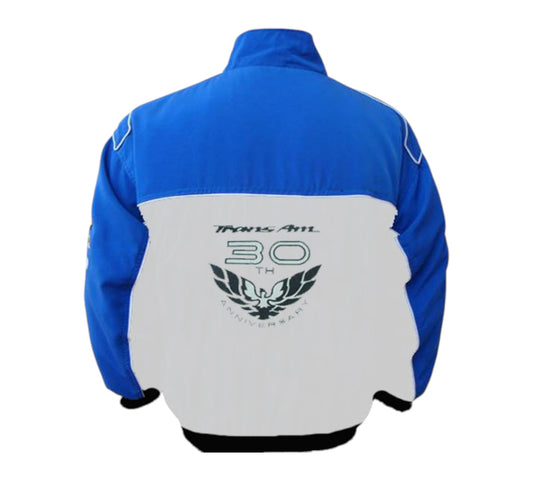 Blue and white jacket with 'Trans Am' and '30th' logo on a white background