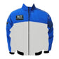 Blue and gray jacket with a logo on a white background