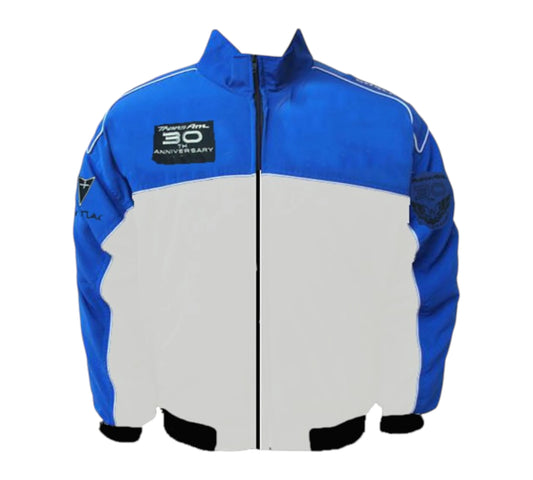 Blue and gray jacket with a logo on a white background