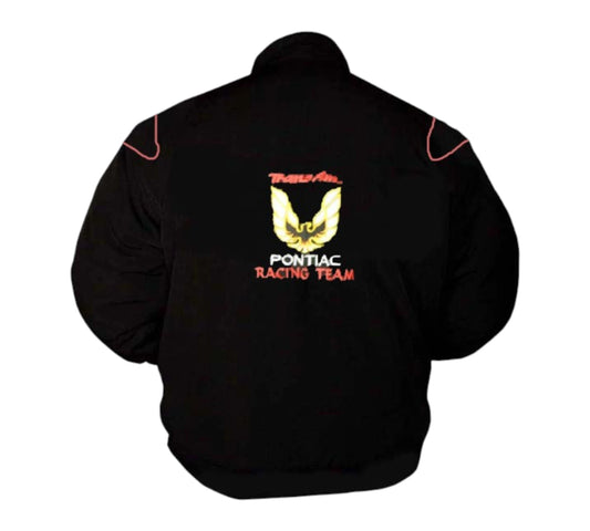 Black jacket with Pontiac Racing Team logo on the back against a white background