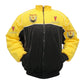 Yellow and black jacket with brand logos on a white background