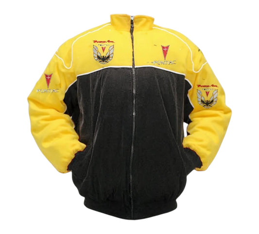 Yellow and black jacket with brand logos on a white background