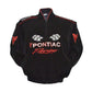 Black Pontiac Racing jacket with red and white accents on a white background