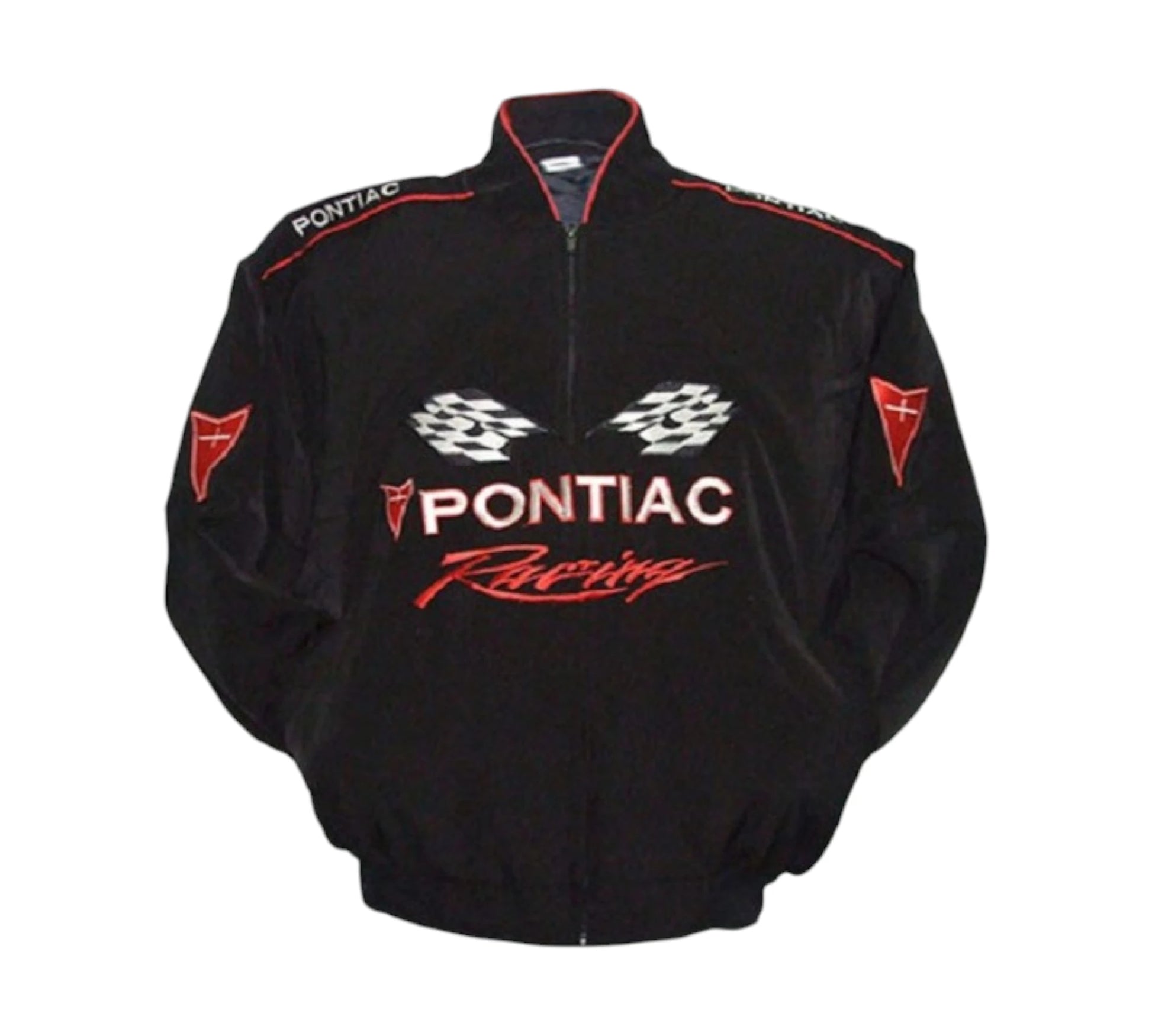 Black Pontiac Racing jacket with red and white accents on a white background