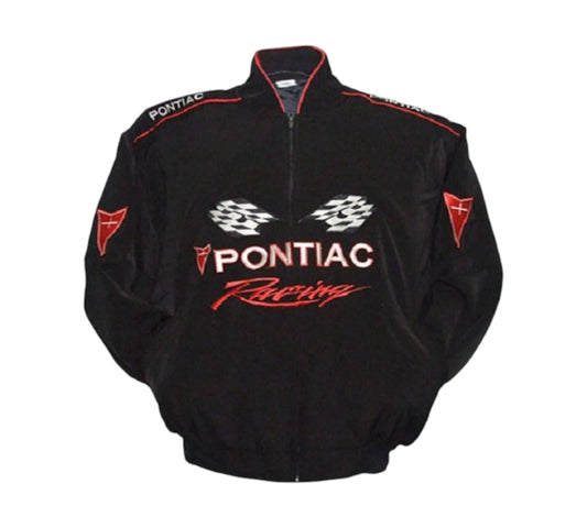 Black Pontiac Racing jacket with red and white accents on a white background