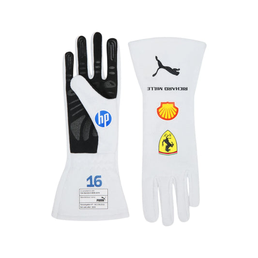 Pair of white racing gloves with sponsor logos on a white background